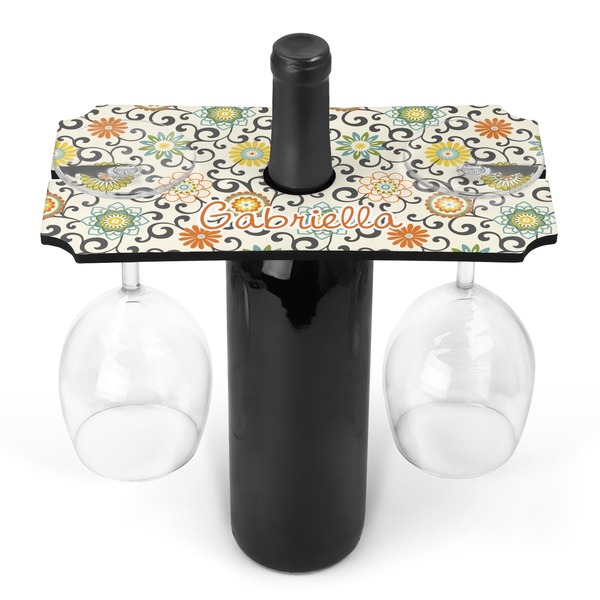 Custom Swirls & Floral Wine Bottle & Glass Holder (Personalized)