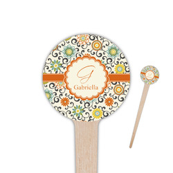 Swirls & Floral 4" Round Wooden Food Picks - Double Sided (Personalized)