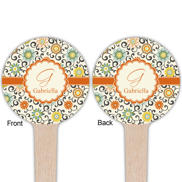 Swirls & Floral Wooden 4" Food Pick - Round - Double Sided - Front & Back