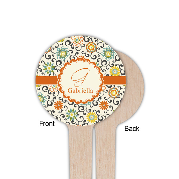 Swirls & Floral Wooden 4" Food Pick - Round - Single Sided - Front & Back