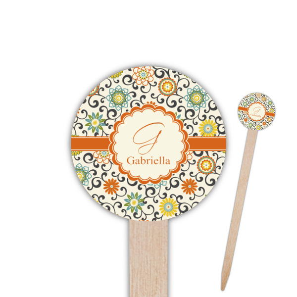 Custom Swirls & Floral Round Wooden Food Picks (Personalized)