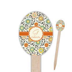 Swirls & Floral Oval Wooden Food Picks - Single Sided (Personalized)