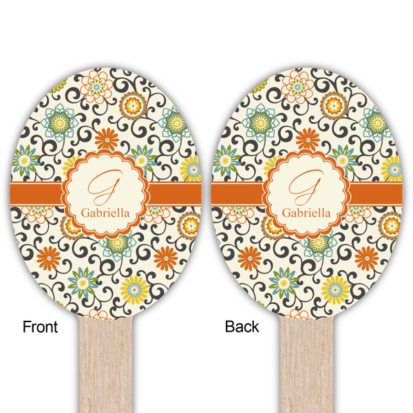 Swirls & Floral Wooden Food Pick - Oval - Double Sided - Front & Back