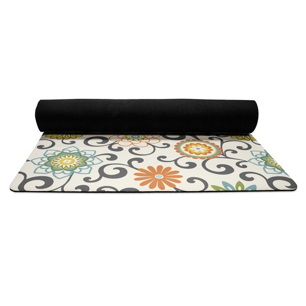 Swirls & Floral Yoga Mat Rolled up Black Rubber Backing