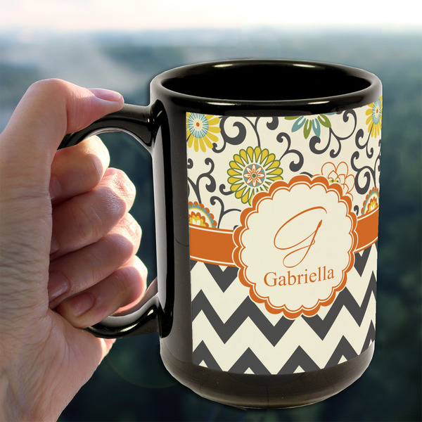 Swirls, Floral & Chevron 15oz. Black Mug - LIFESTYLE