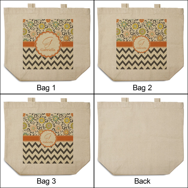 Swirls, Floral & Chevron 3 Reusable Cotton Grocery Bags - Front & Back View