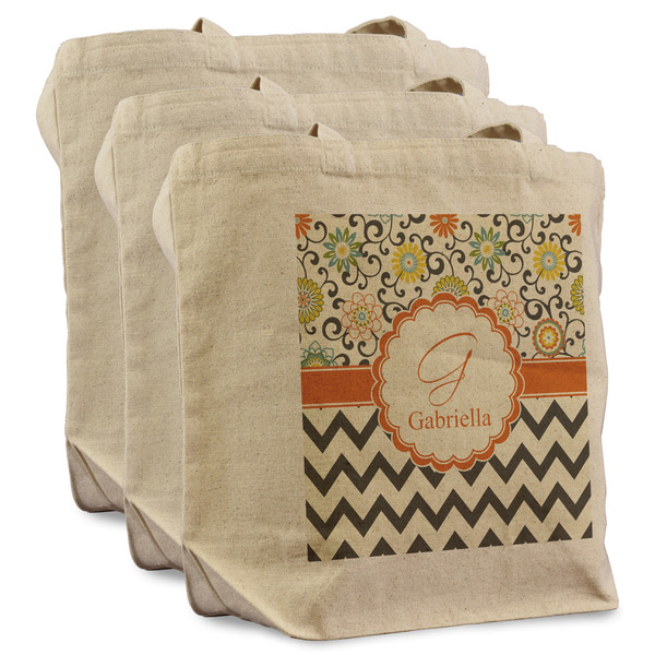 Custom Swirls, Floral & Chevron Reusable Cotton Grocery Bags - Set of 3 (Personalized)