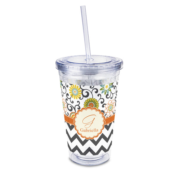 Custom Swirls, Floral & Chevron 16oz Double Wall Acrylic Tumbler with Lid & Straw - Full Print (Personalized)