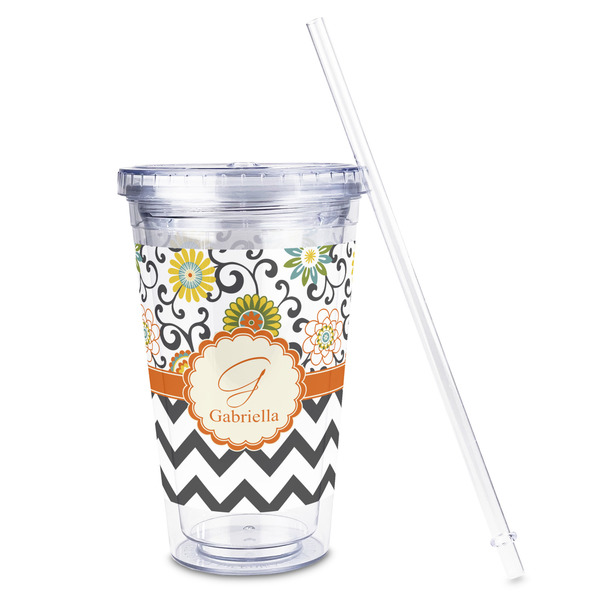 Swirls, Floral & Chevron Acrylic Tumbler - Full Print - Front straw out