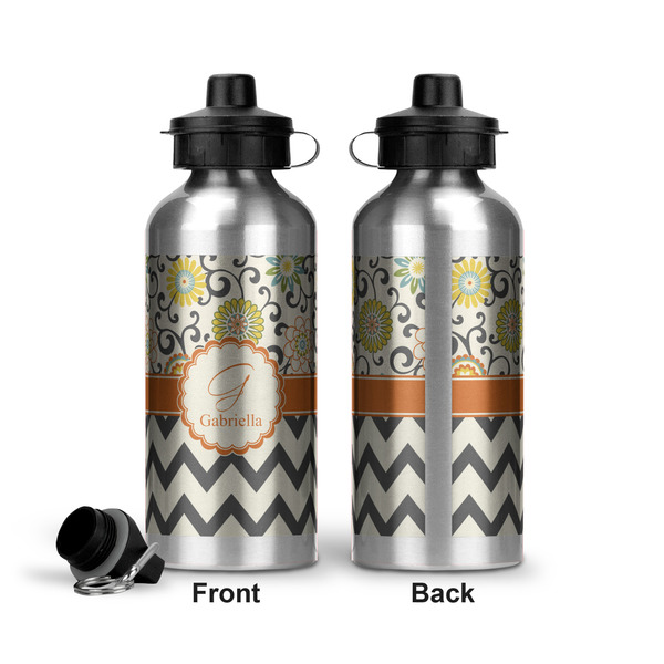 Swirls, Floral & Chevron Aluminum Water Bottle - Front and Back