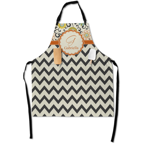Custom Swirls, Floral & Chevron Apron With Pockets w/ Name and Initial
