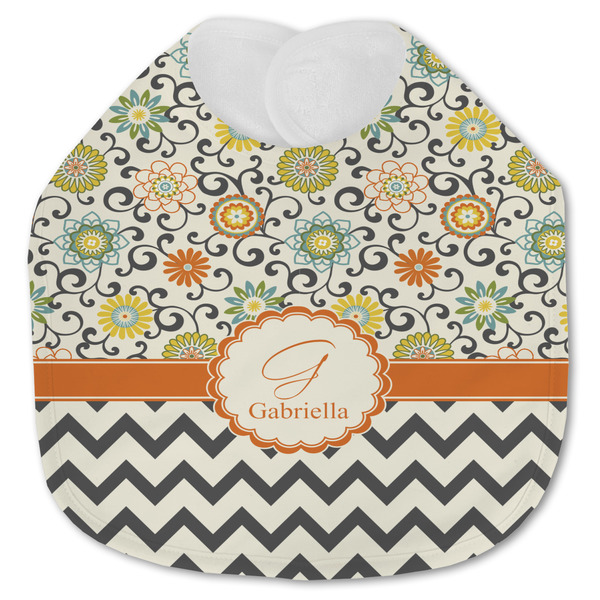 Custom Swirls, Floral & Chevron Jersey Knit Baby Bib w/ Name and Initial