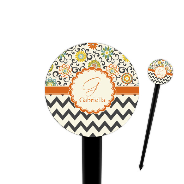 Custom Swirls, Floral & Chevron 4" Round Plastic Food Picks - Black - Double Sided (Personalized)