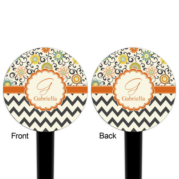 Swirls, Floral & Chevron Black Plastic 4" Food Pick - Round - Double Sided - Front & Back