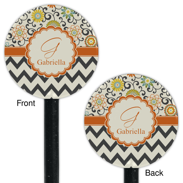 Swirls, Floral & Chevron Black Plastic 5.5" Stir Stick - Double Sided - Round - Front & Back