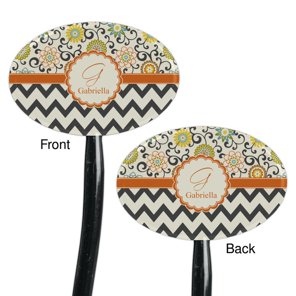 Swirls, Floral & Chevron Black Plastic 7" Stir Stick - Double Sided - Oval - Front & Back