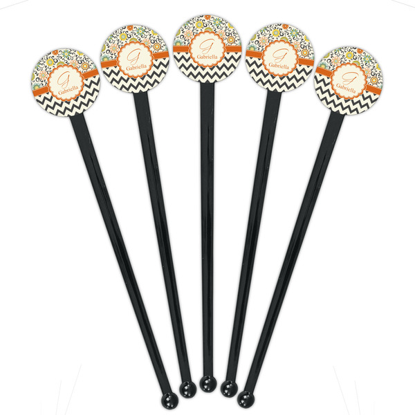 Swirls, Floral & Chevron Black Plastic 7" Stir Stick - Round - Fan View