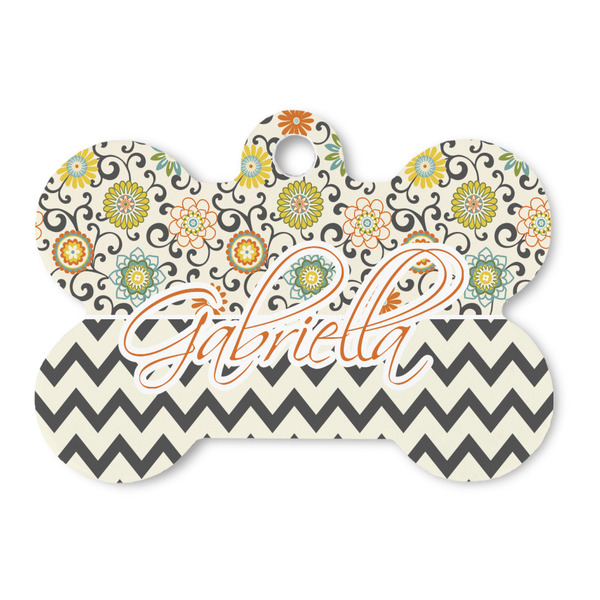Custom Swirls, Floral & Chevron Bone Shaped Dog ID Tag - Large (Personalized)