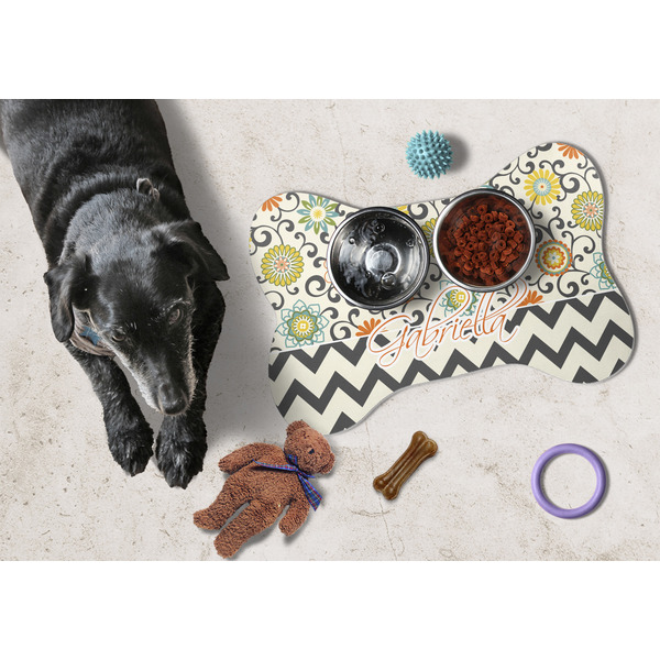 Swirls, Floral & Chevron Bone Shaped Mat w/ Food & Water