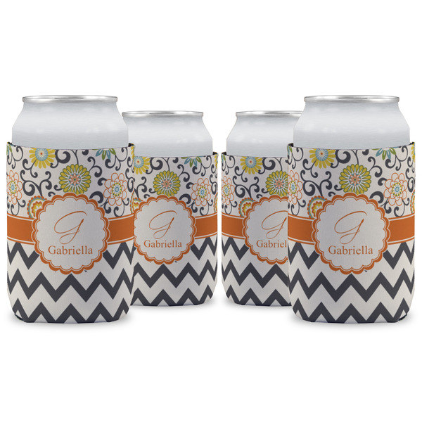 Custom Swirls, Floral & Chevron Can Cooler (12 oz) - Set of 4 w/ Name and Initial