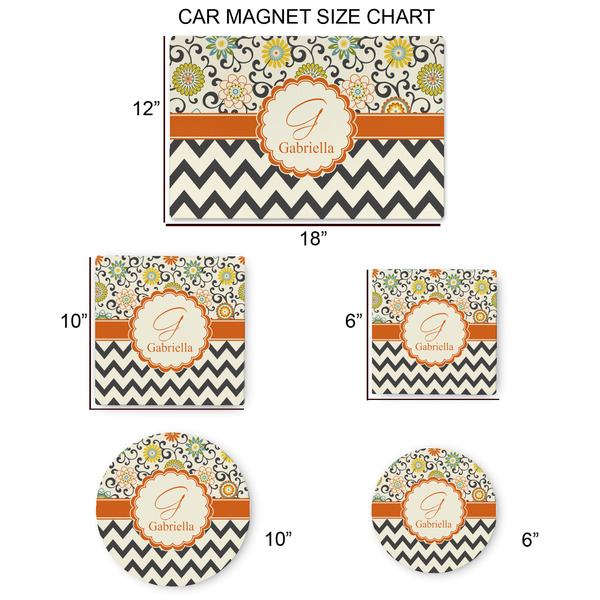 Swirls, Floral & Chevron Car Magnets - SIZE CHART