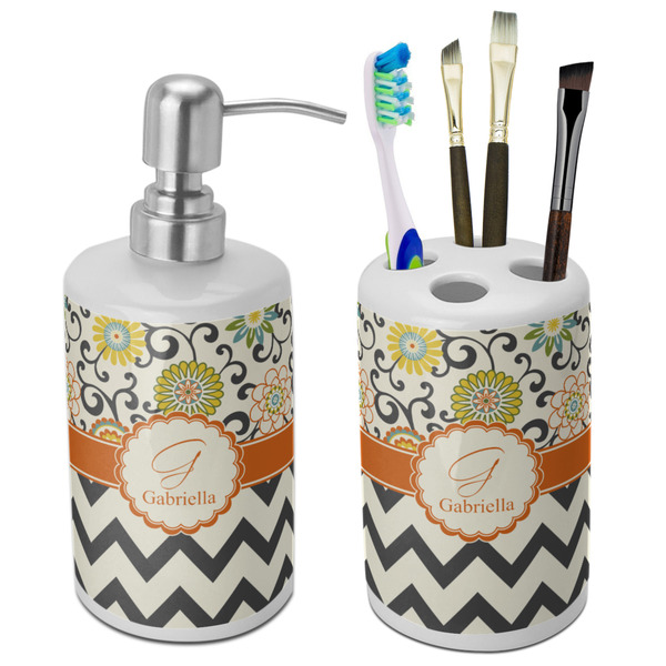 Custom Swirls, Floral & Chevron Ceramic Bathroom Accessories Set (Personalized)