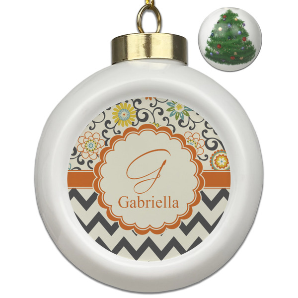Custom Swirls, Floral & Chevron Ceramic Ball Ornament - Christmas Tree (Personalized)