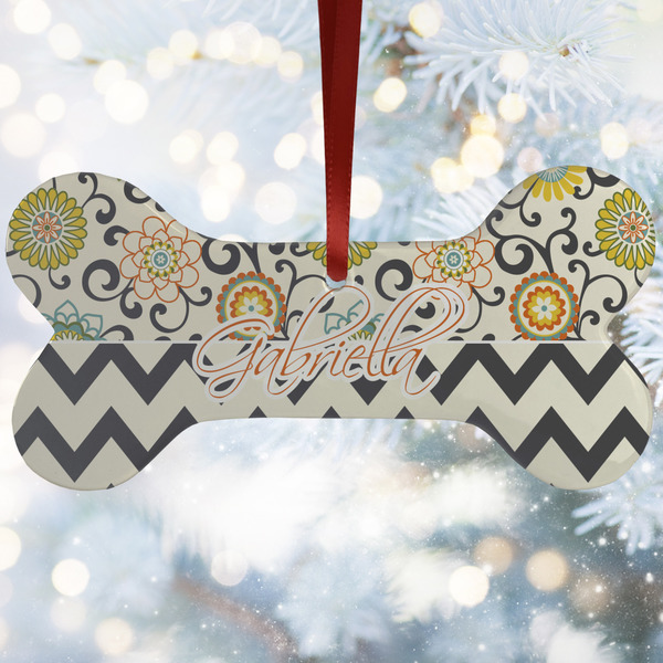 Custom Swirls, Floral & Chevron Ceramic Dog Ornament w/ Name and Initial