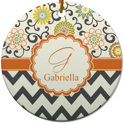 Swirls, Floral & Chevron Round Ceramic Ornament w/ Name and Initial