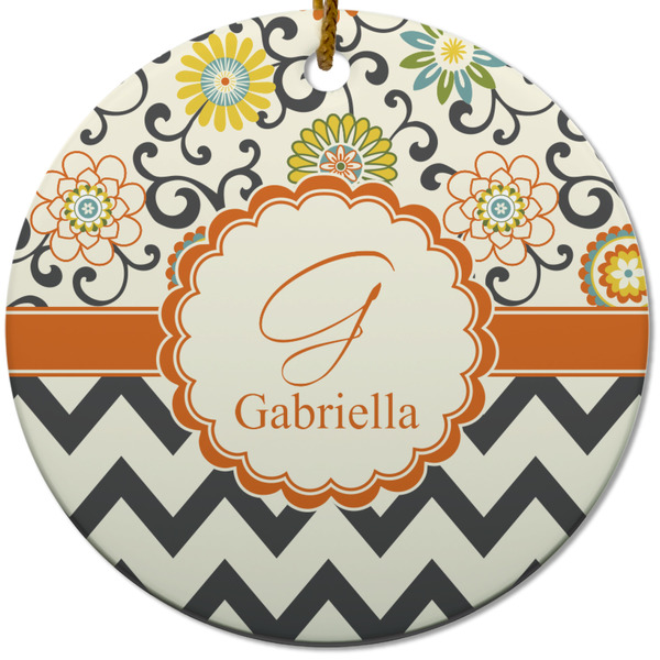 Swirls, Floral & Chevron Ceramic Flat Ornament - Circle (Front)