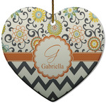 Swirls, Floral & Chevron Heart Ceramic Ornament w/ Name and Initial