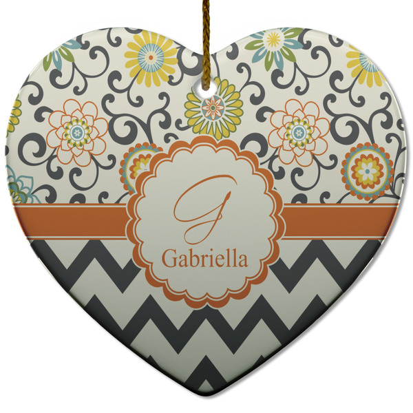 Custom Swirls, Floral & Chevron Heart Ceramic Ornament w/ Name and Initial