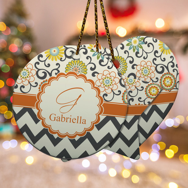 Custom Swirls, Floral & Chevron Ceramic Ornament w/ Name and Initial