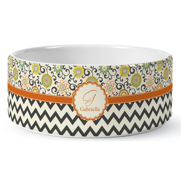 Custom Swirls, Floral & Chevron Ceramic Dog Bowl - Large (Personalized)