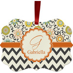 Swirls, Floral & Chevron Metal Frame Ornament - Double Sided w/ Name and Initial