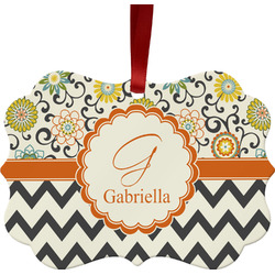 Swirls, Floral & Chevron Metal Frame Ornament - Double Sided w/ Name and Initial