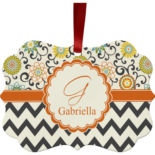 Custom Swirls, Floral & Chevron Metal Frame Ornament - Double Sided w/ Name and Initial