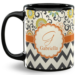 Swirls, Floral & Chevron 11 Oz Coffee Mug - Black (Personalized)