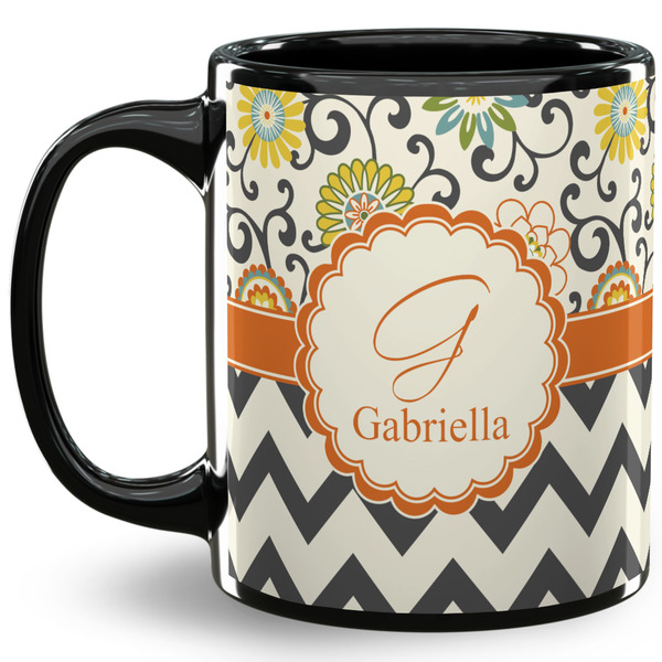 Custom Swirls, Floral & Chevron 11 Oz Coffee Mug - Black (Personalized)