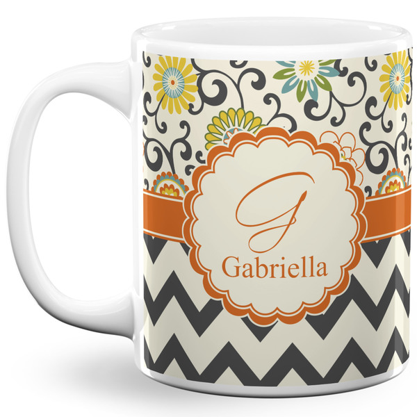 Custom Swirls, Floral & Chevron 11 Oz Coffee Mug - White (Personalized)