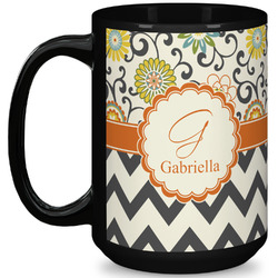 Swirls, Floral & Chevron 15 Oz Coffee Mug - Black (Personalized)