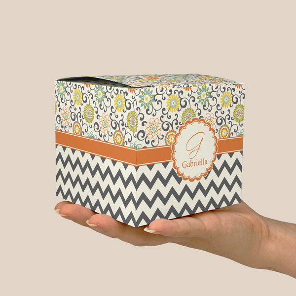 Swirls, Floral & Chevron Cube Favor Gift Box - On Hand - Scale View