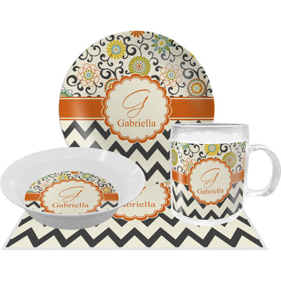Swirls, Floral & Chevron Dinner Set - Single 4 Pc Setting w/ Name and Initial