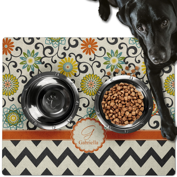 Custom Swirls, Floral & Chevron Dog Food Mat - Large w/ Name and Initial
