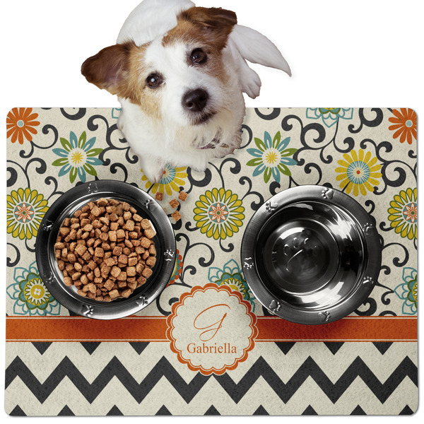 Custom Swirls, Floral & Chevron Dog Food Mat - Medium w/ Name and Initial