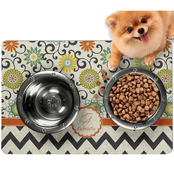Custom Swirls, Floral & Chevron Dog Food Mat - Small w/ Name and Initial