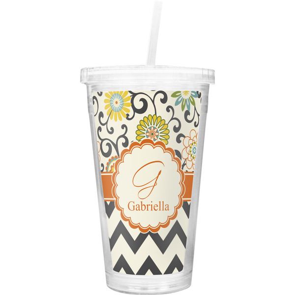 Custom Swirls, Floral & Chevron Double Wall Tumbler with Straw (Personalized)