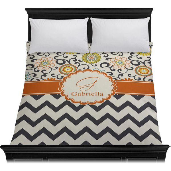 Swirls, Floral & Chevron Duvet Cover - Queen - On Bed - No Prop