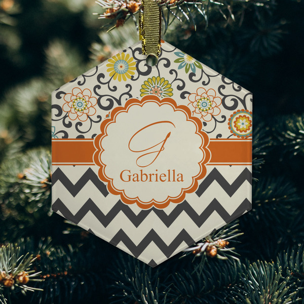 Swirls, Floral & Chevron Frosted Glass Ornament - Hexagon (Lifestyle)