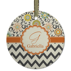 Swirls, Floral & Chevron Flat Glass Ornament - Round w/ Name and Initial